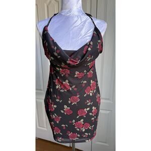 Garage Nikki Cut-Out Mini Dress Black Red Rose Floral Mesh Halter Size M